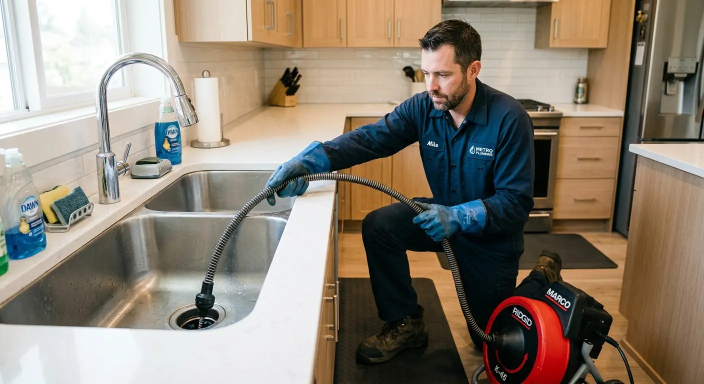 Drain cleaning technician using a motorized snake on a kitchen sink in Agawam Town