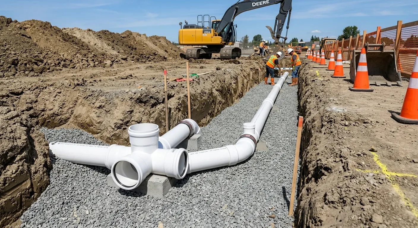 New PVC sewer pipe installation in open trench for Sewer Backup in Agawam Town