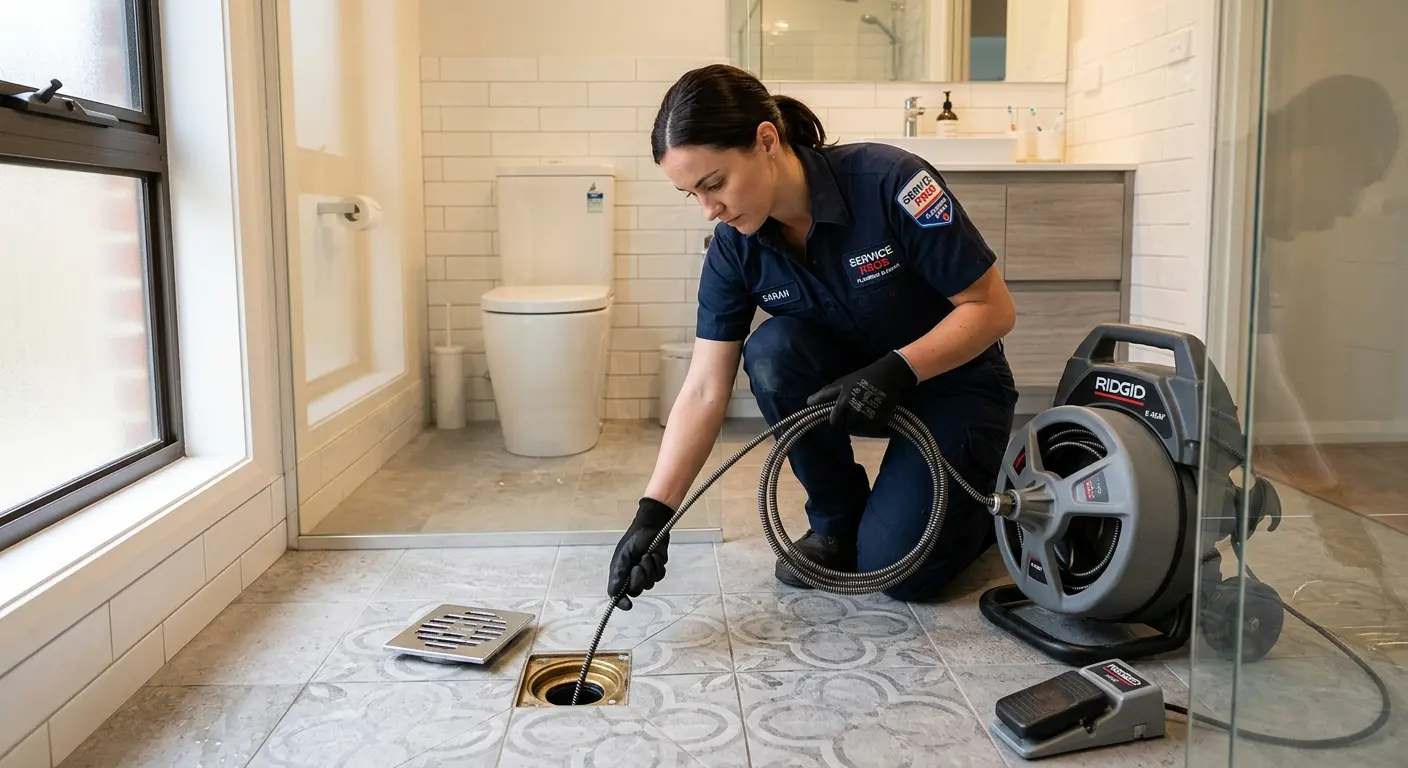 Technician clearing a bathroom floor drain for Drain Repair in Agawam Town